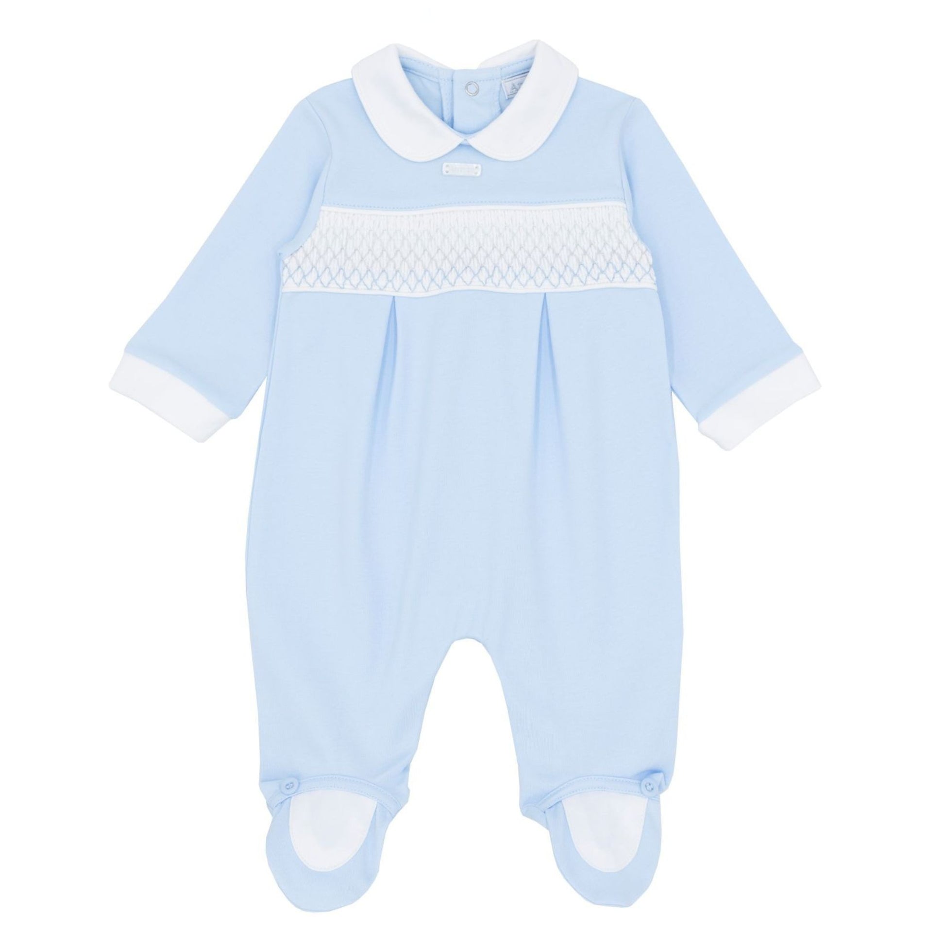 Blue baby onesie with white collar and trim on a white background