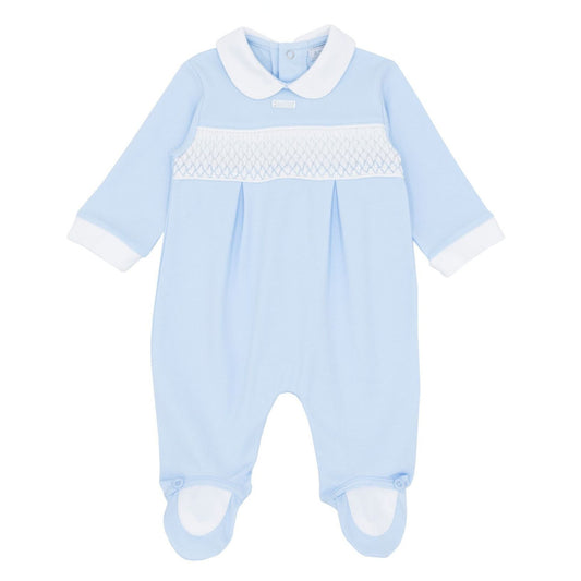 Blue baby onesie with white collar and trim on a white background