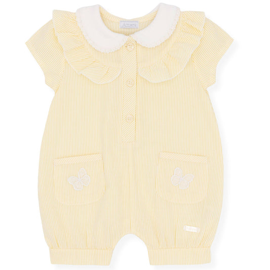 Amore Baby Girls Yellow Stripe Romper with Butterfly Pockets
