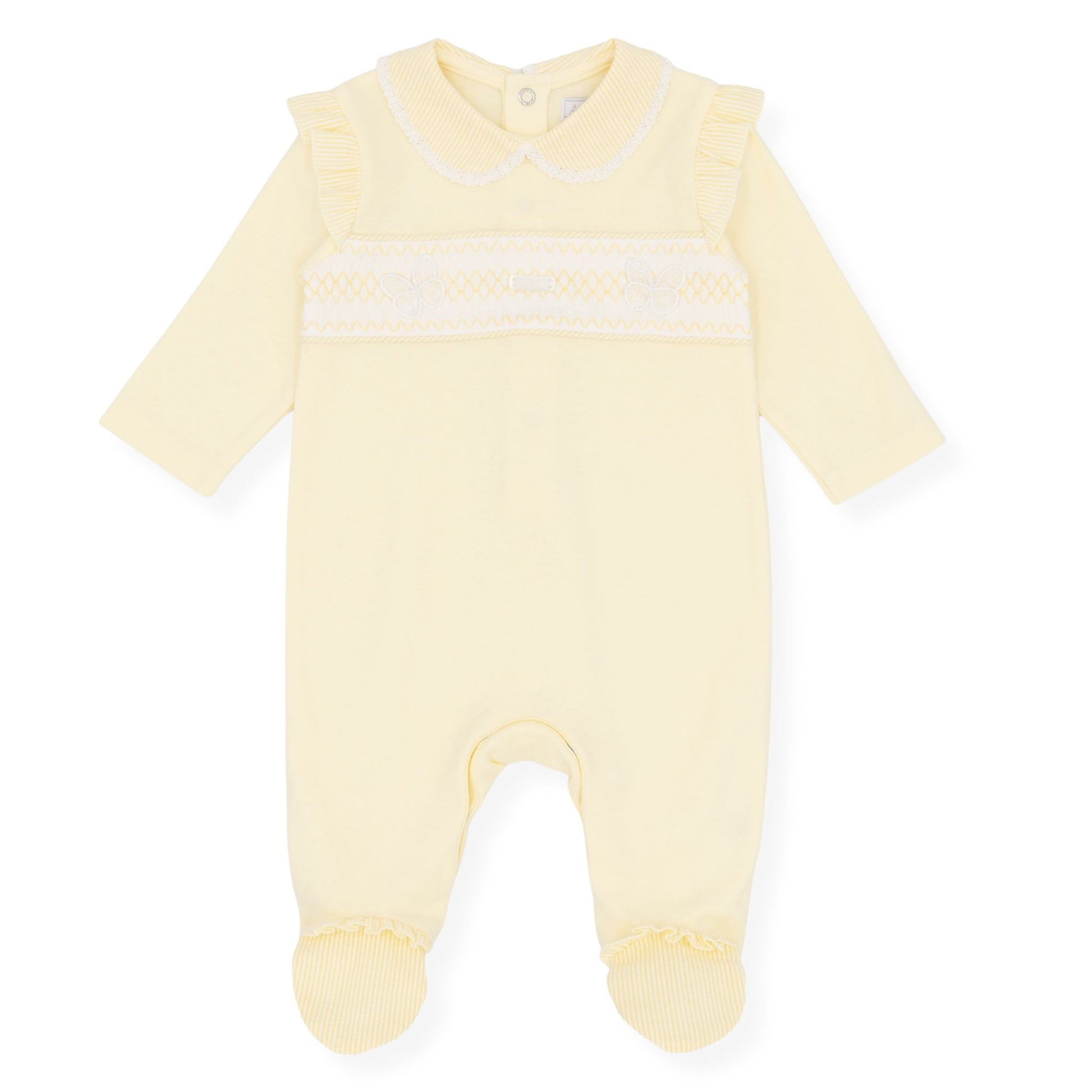 Yellow baby onesie with a white stripe on a white background