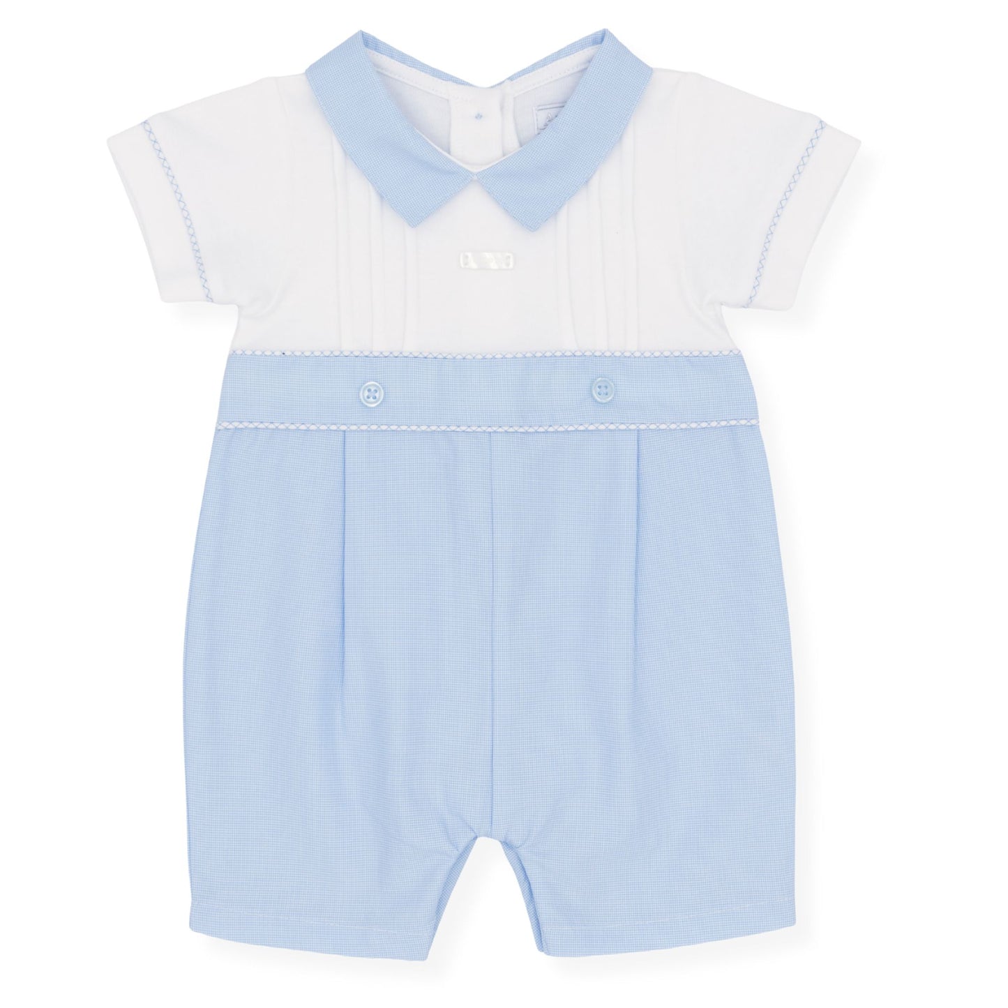 Light blue and white baby romper with a collar on a white background