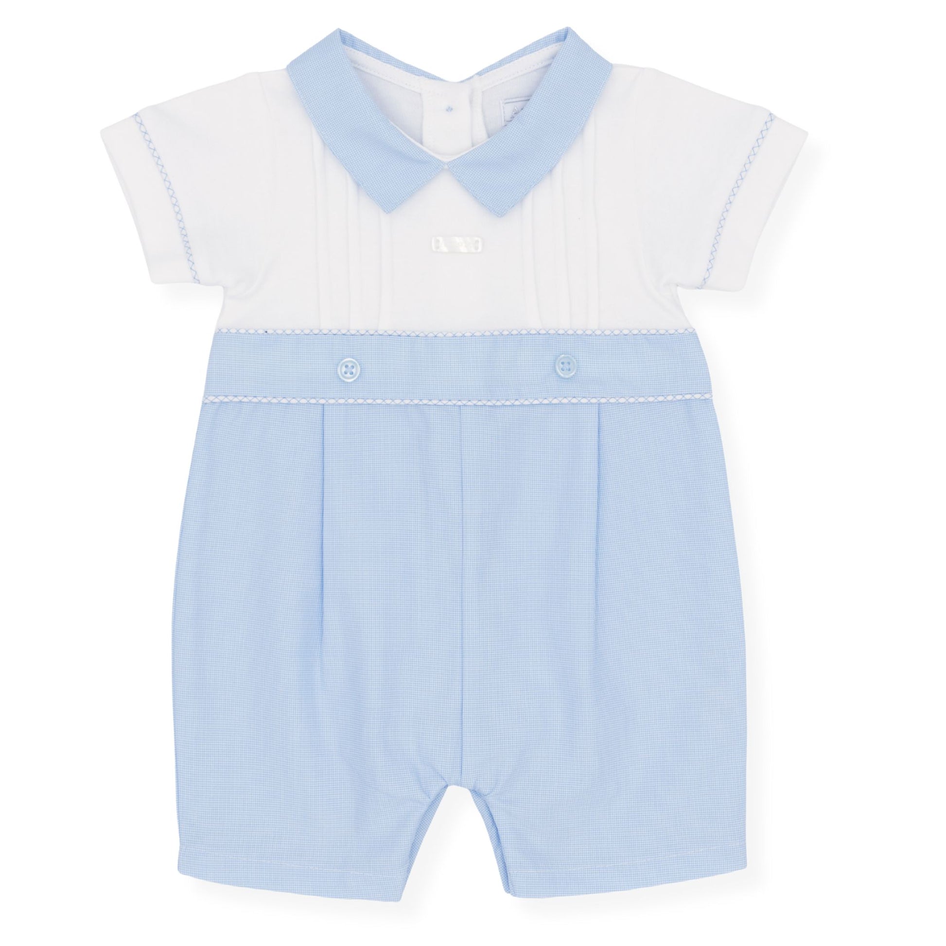 Light blue and white baby romper with a collar on a white background