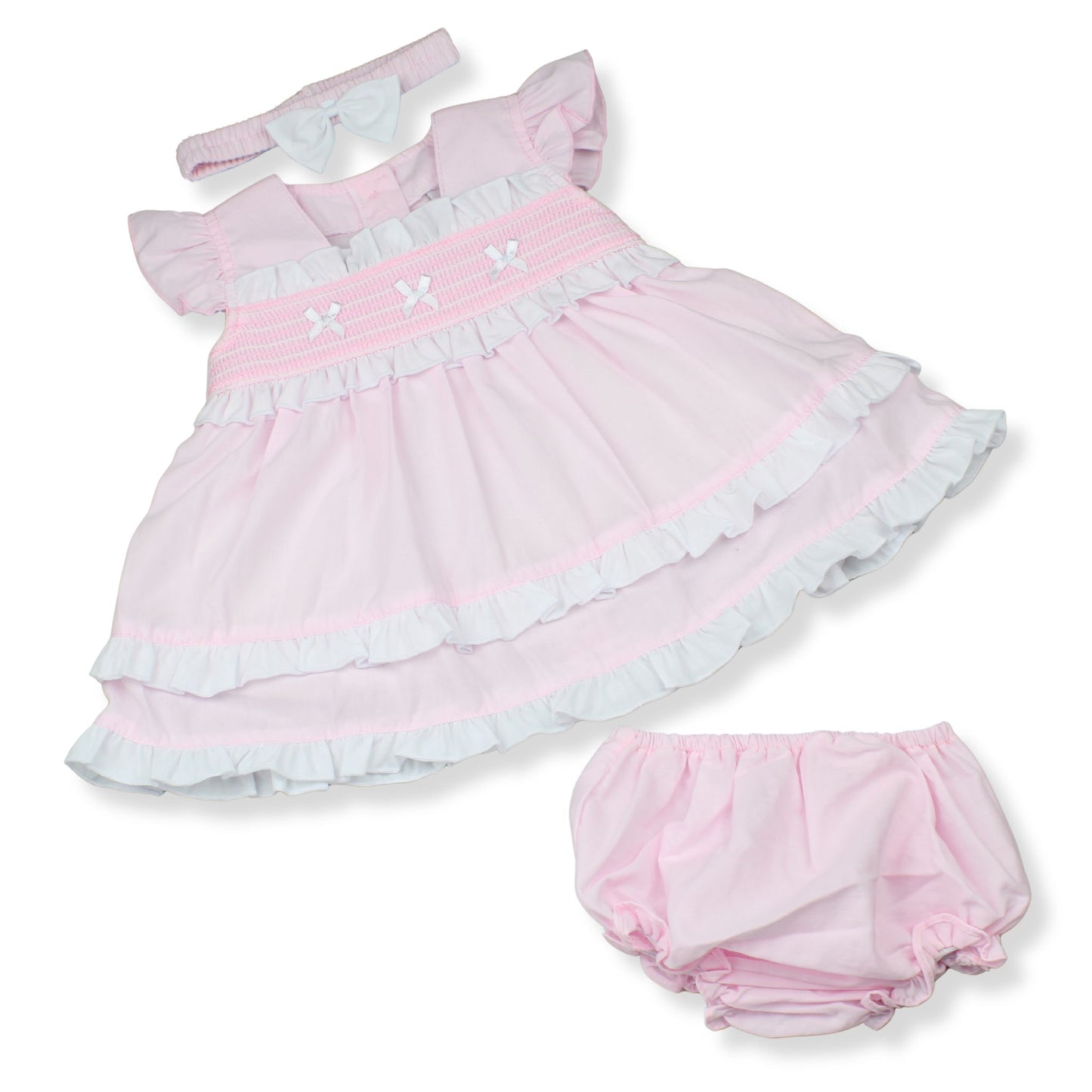 Baby Girl Pink Smocked Dress with Frills, Headband & Knickers