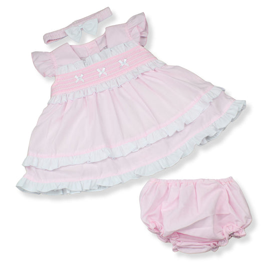 Baby Girl Pink Smocked Dress with Frills, Headband & Knickers