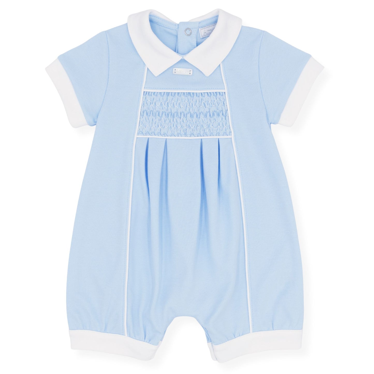 Light blue baby romper with white collar and cuffs on a white background