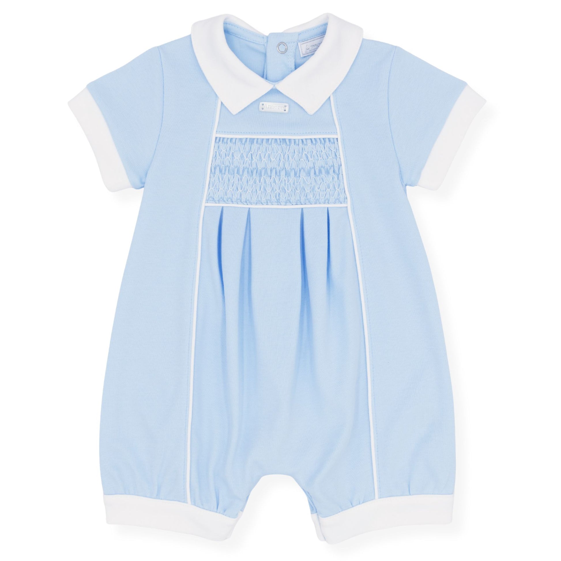 Light blue baby romper with white collar and cuffs on a white background