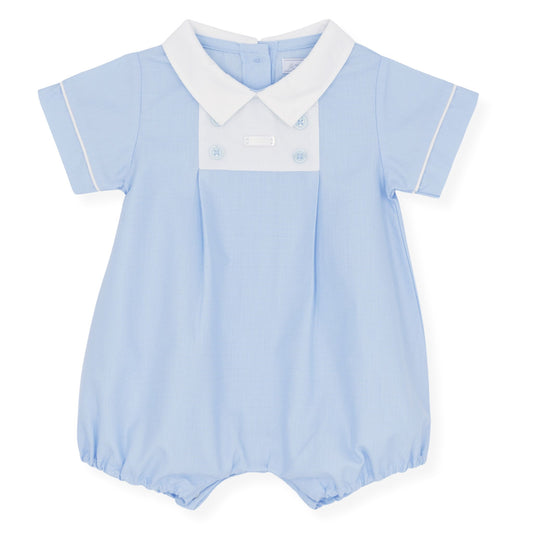 Amore Baby Boys Blue Pleated Romper with White Collar