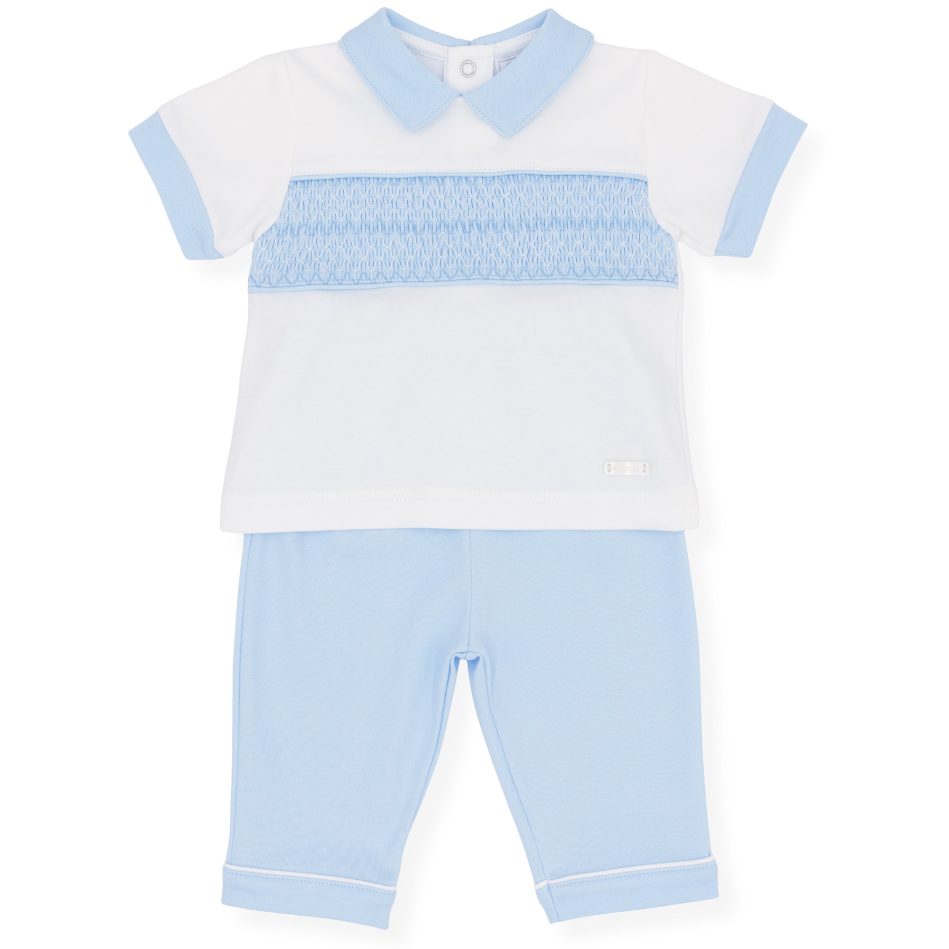 Children's outfit with white shirt and light blue pants on a white background