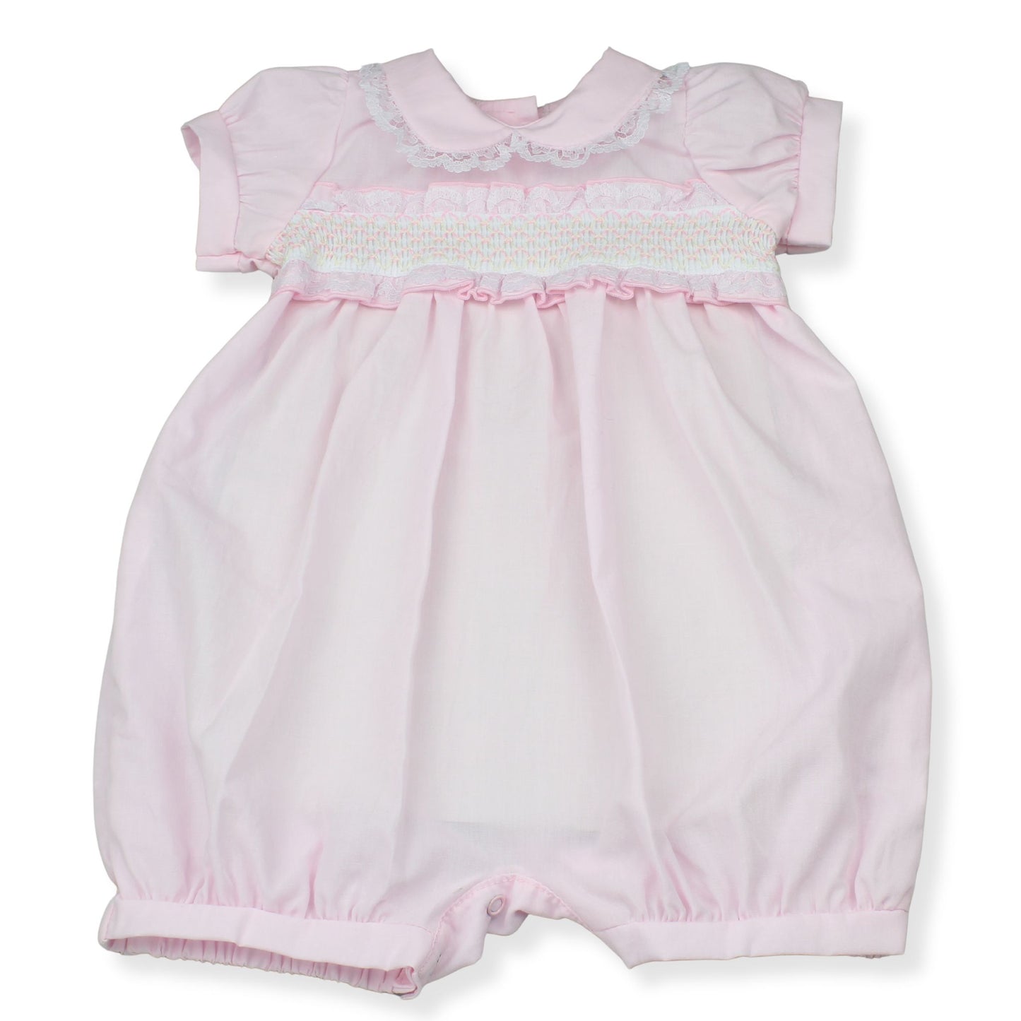 Baby Girl Pink Smocked Romper with Lace Collar (NB–3-6 Months)