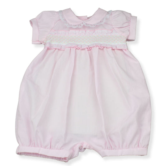 Baby Girl Pink Smocked Romper with Lace Collar (NB–3-6 Months)