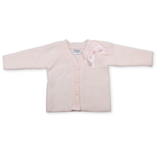 Pink baby cardigan with a bow on a white background
