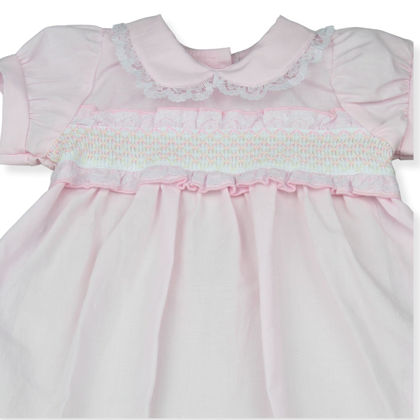 Baby Girl Pink Smocked Romper with Lace Collar (NB–3-6 Months)