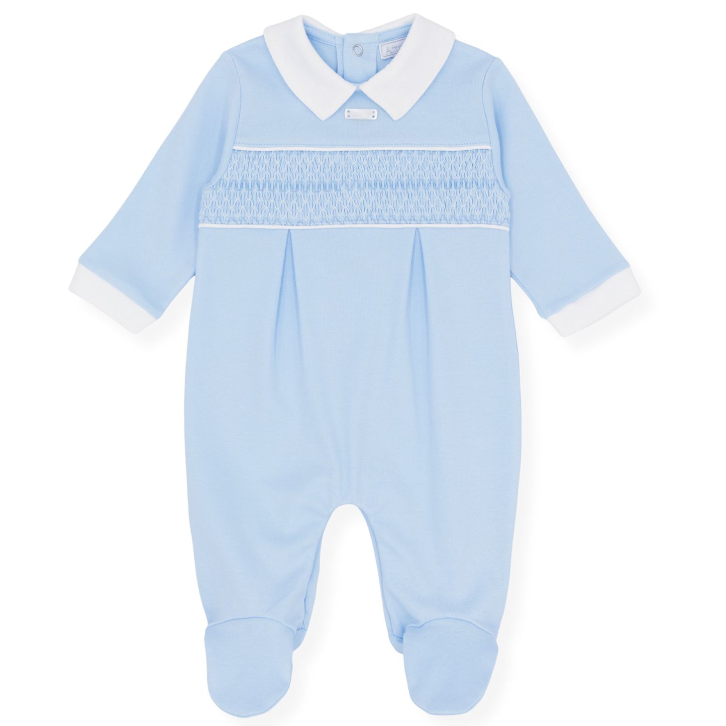 Blue baby onesie with white collar on a white background