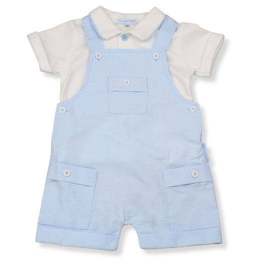 Baby Boys Blue Dungaree Shorts & Polo Shirt Set (NB–6-9 Months)