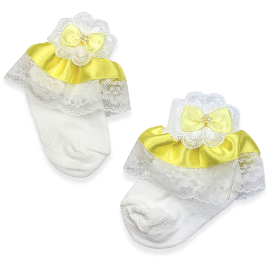 Baby Girl Fancy lace satin yellow bow white ankle socks.