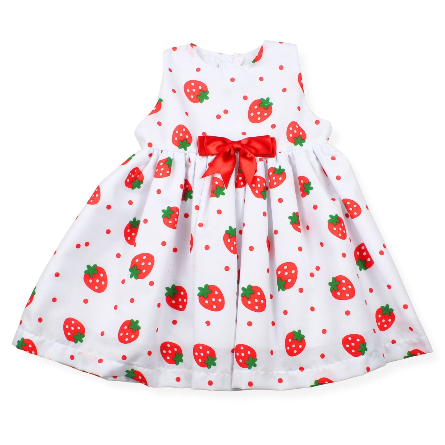 White dress with red strawberry pattern and a red ribbon on a white background