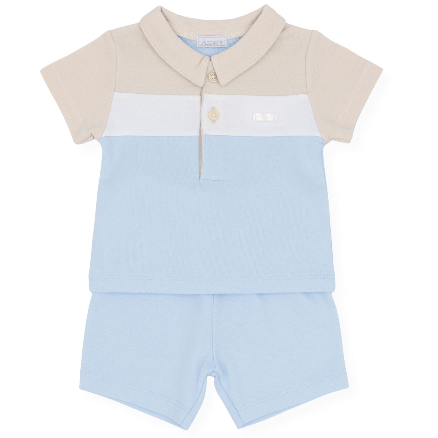 Baby romper with beige and blue design on a white background