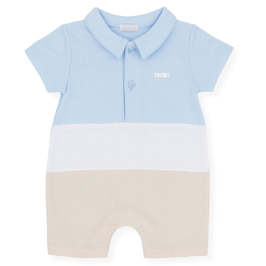 Amore Baby Boy Polo Romper – Blue, White & Beige Colour Block