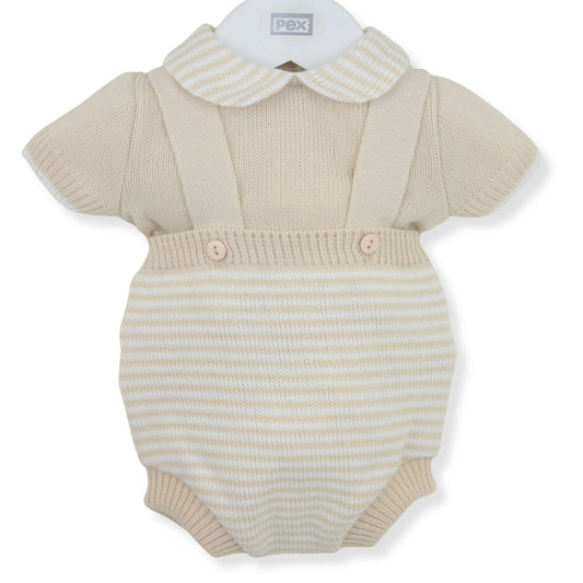 Pex Baby Boys Beige Knitted Two Piece Outfit with Peter Pan Collar – Made in Portugal