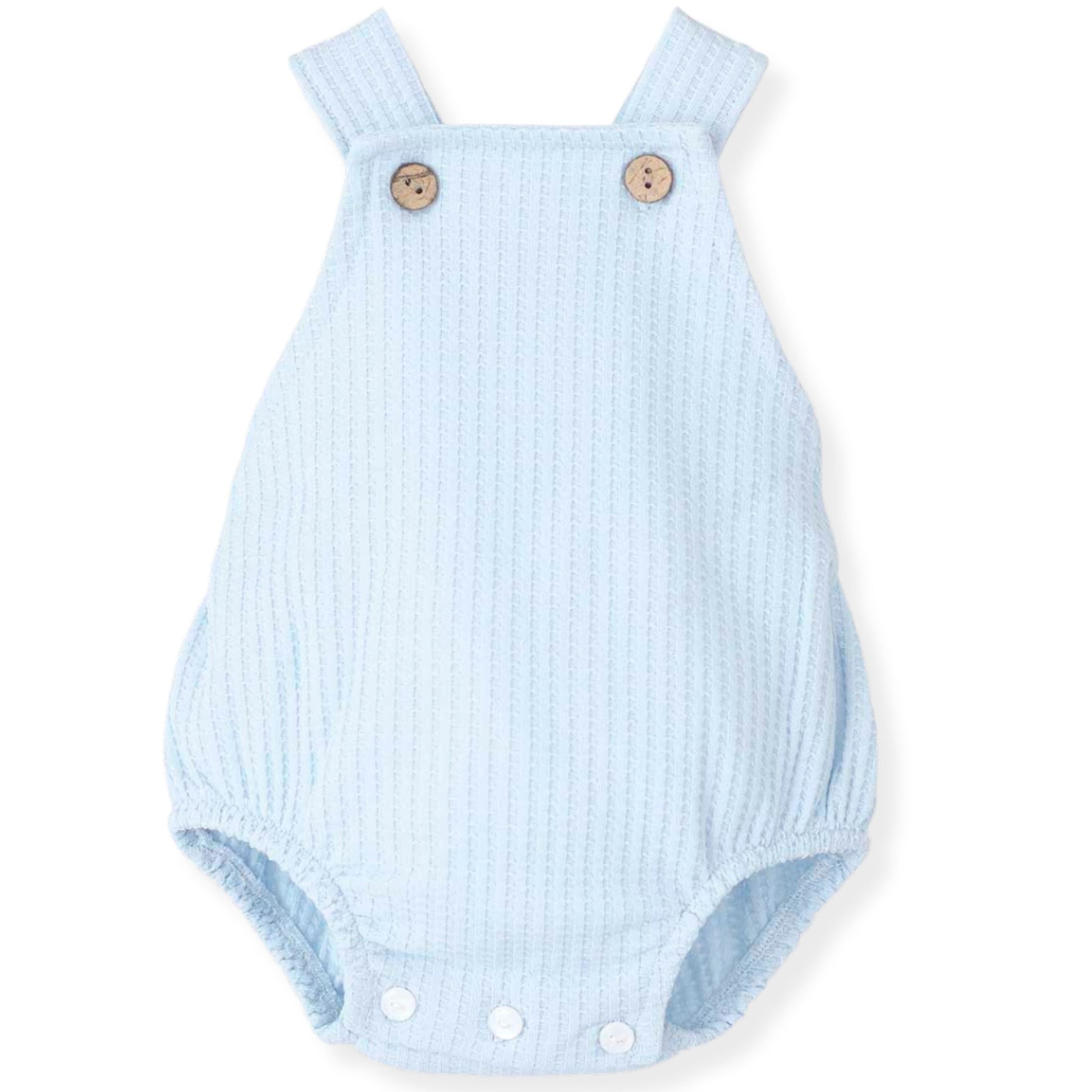 Light blue baby romper with button straps on a white background