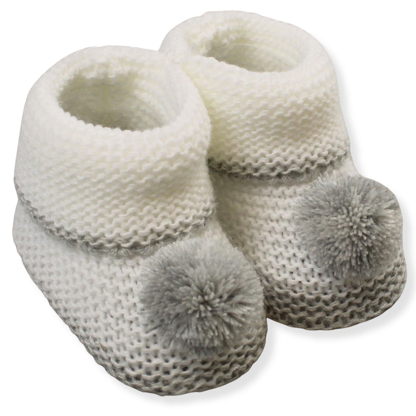 Pair of white and gray baby booties with textured design on a white background