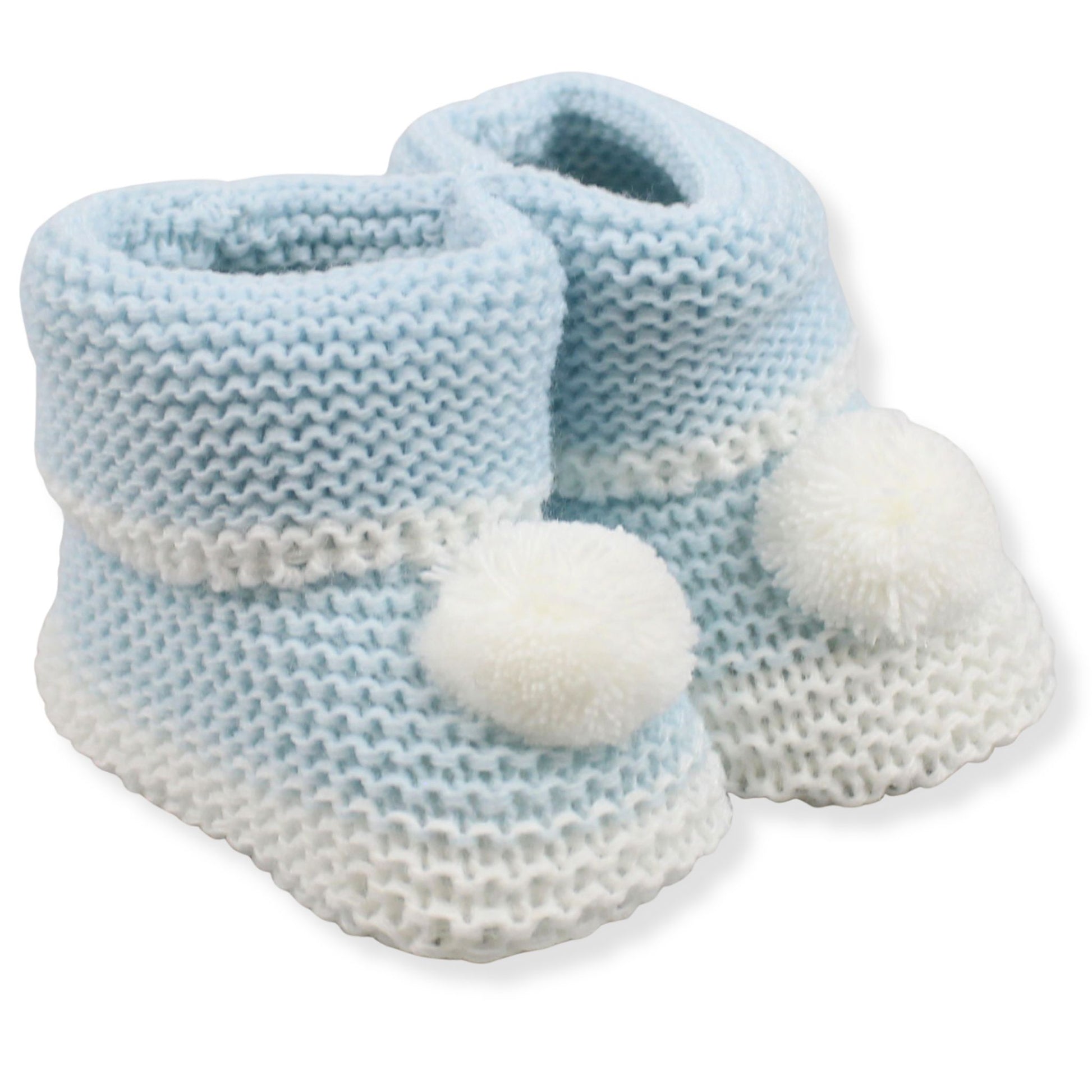 Pair of blue knitted baby booties with white accents on a white background