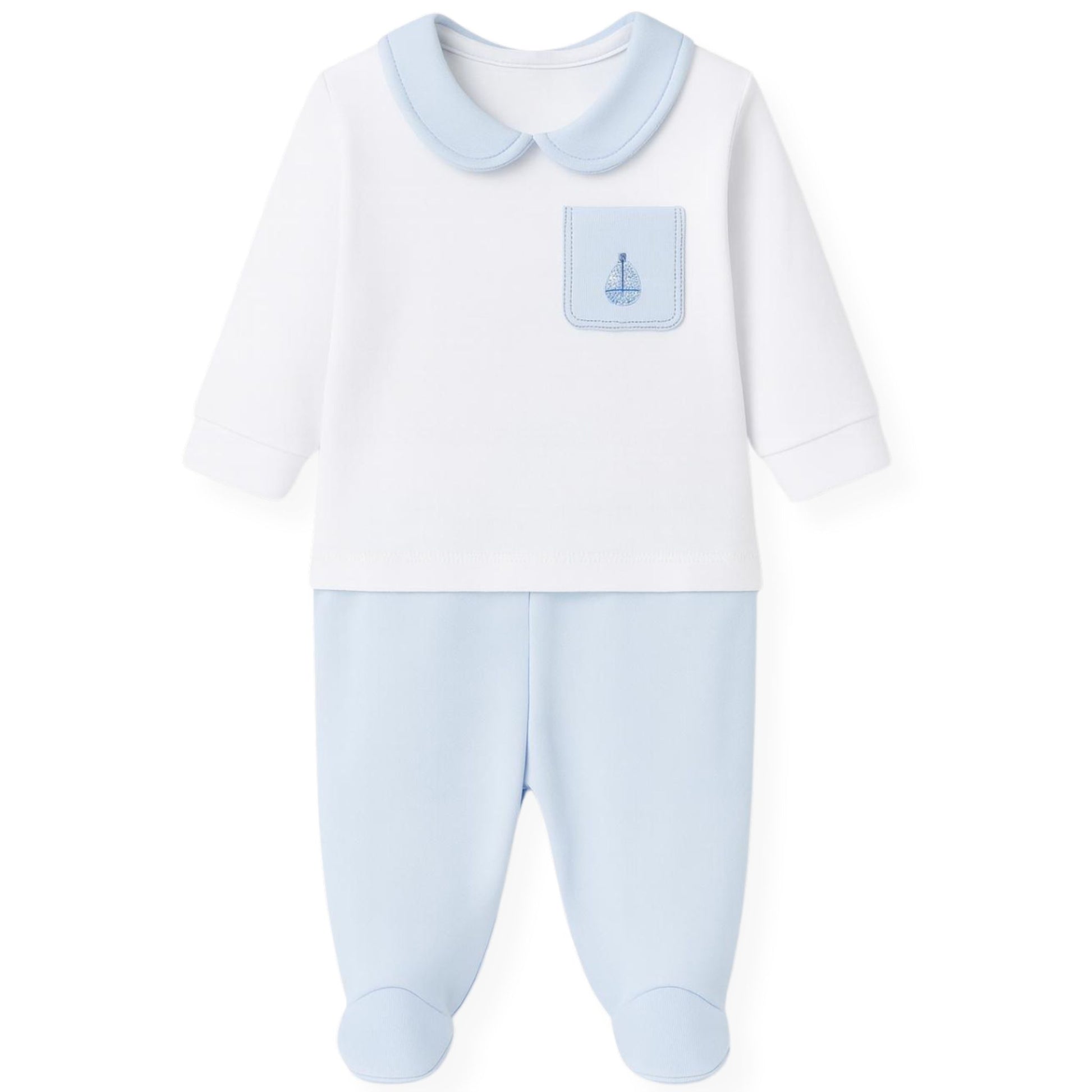 Baby outfit with white top and light blue pants on a white background
