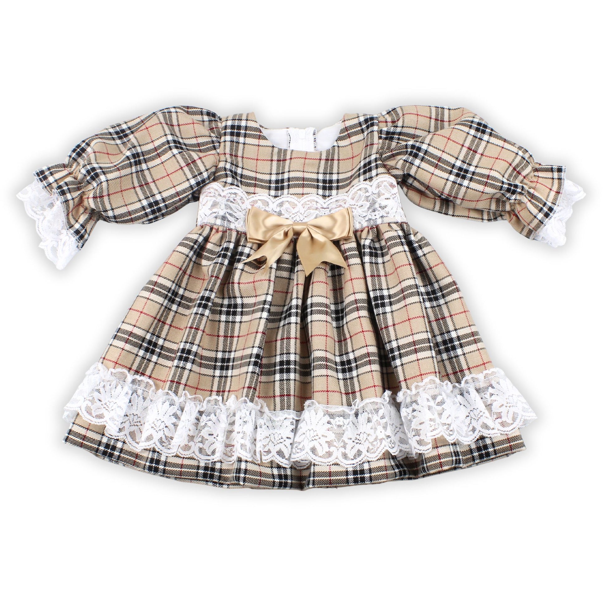 Plaid dress with lace details and a bow on a white background
