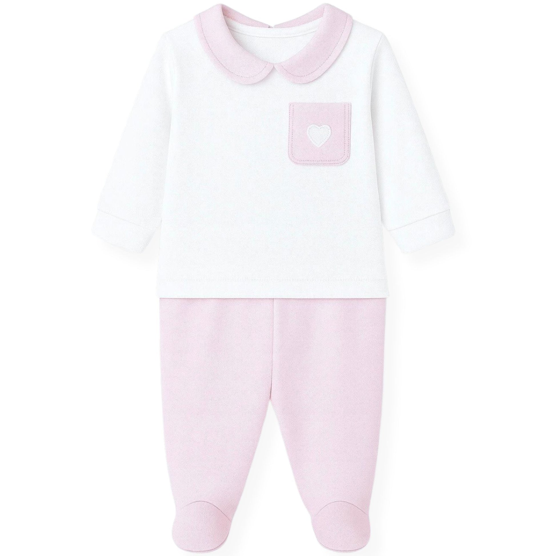 Baby onesie with pink collar and pants on a white background