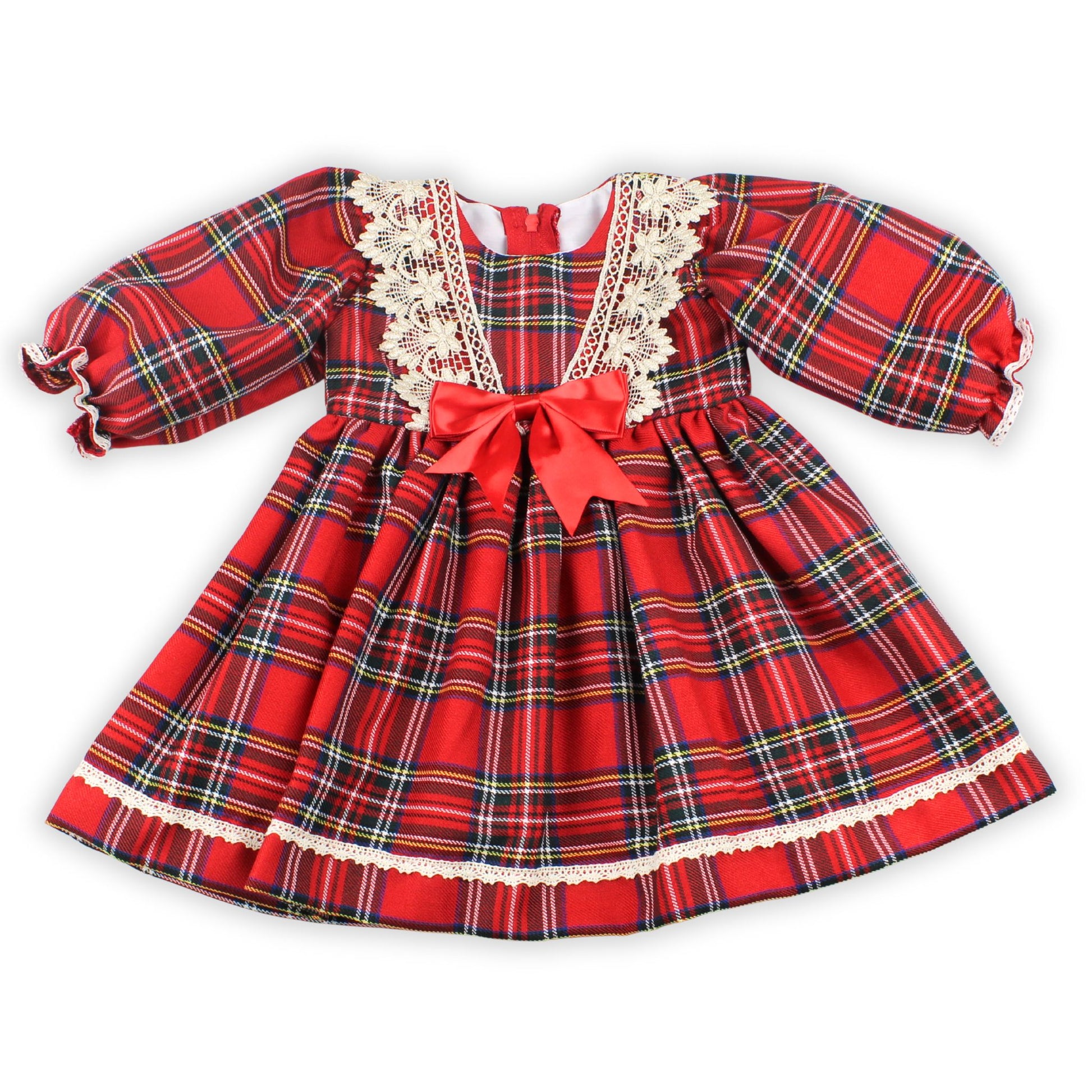 Red plaid dress with lace details and a bow on a white background