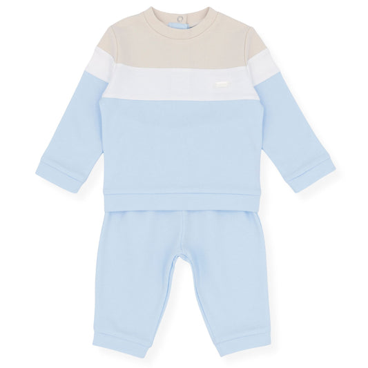 Baby tracksuit block colours beige blue and white two piece