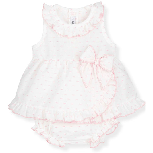 Baby girls white and pink dress with bow and matching jam pants