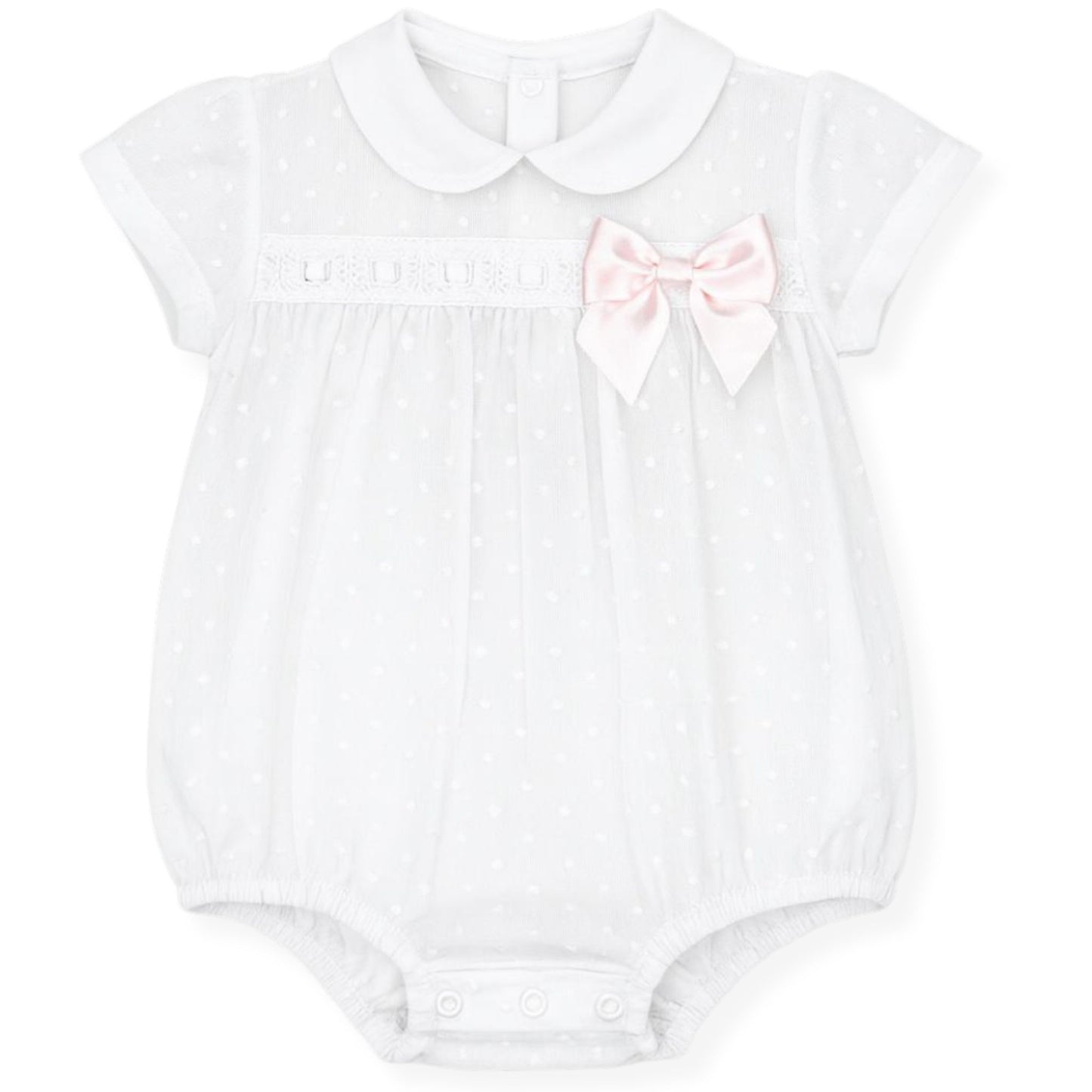 Baby Girls White Romper with Lace Panel and Pink Bow