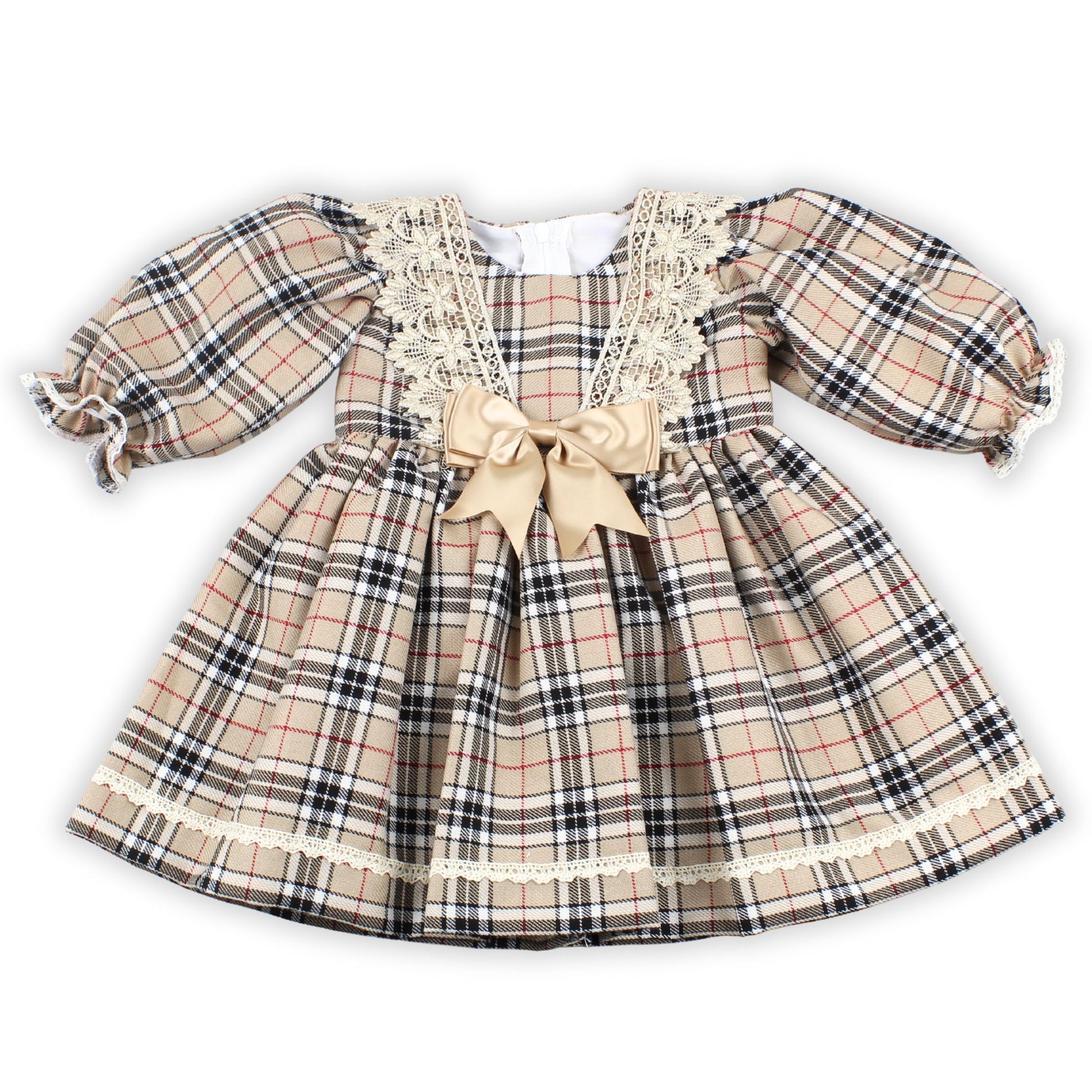 Plaid dress with lace details and a bow on a white background