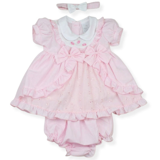 Baby Girl Pink Ruffle Dress with Bows, Headband & Knickers