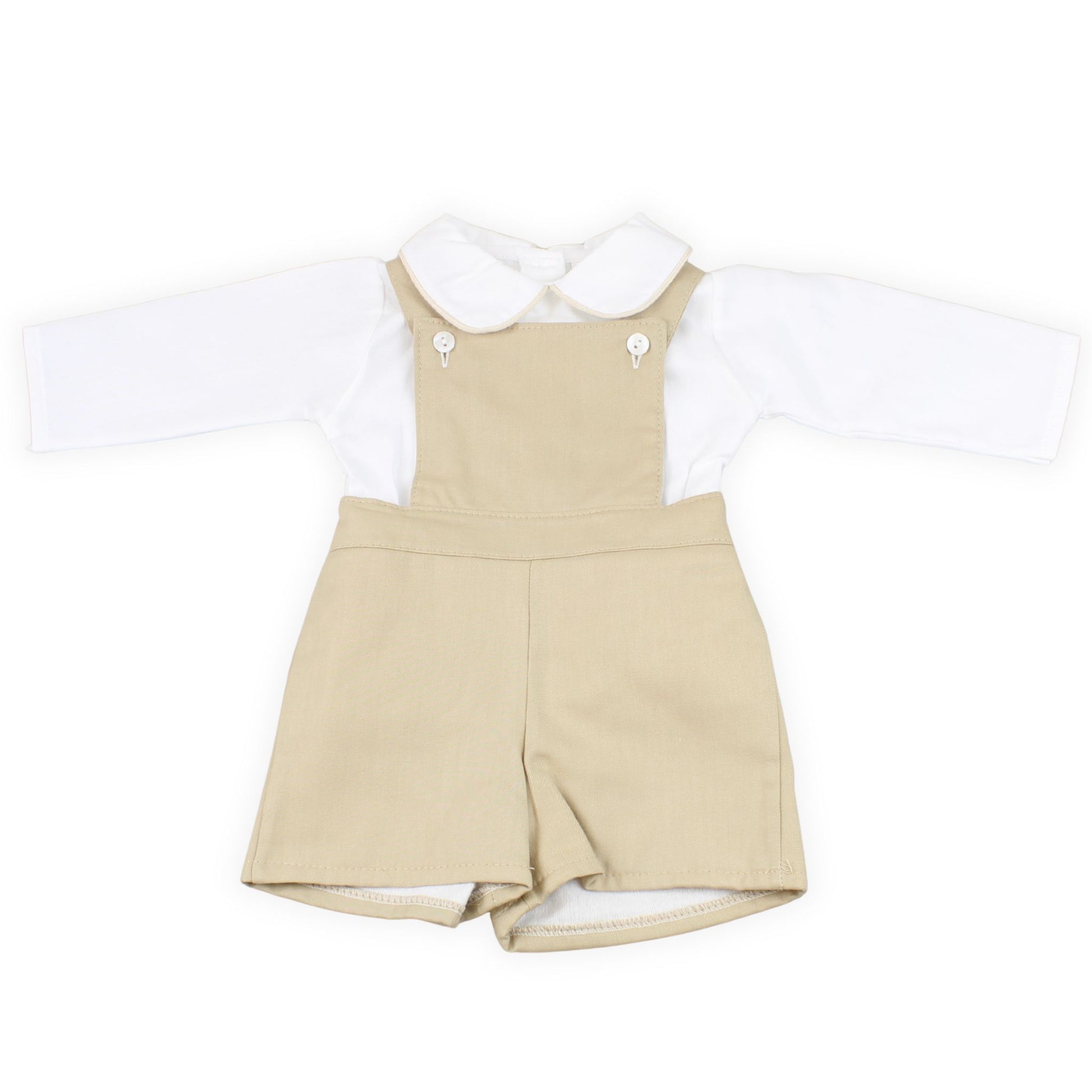 Beige overall dress with white collar on a white background