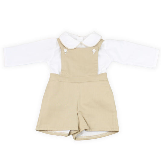 Beige overall dress with white collar on a white background