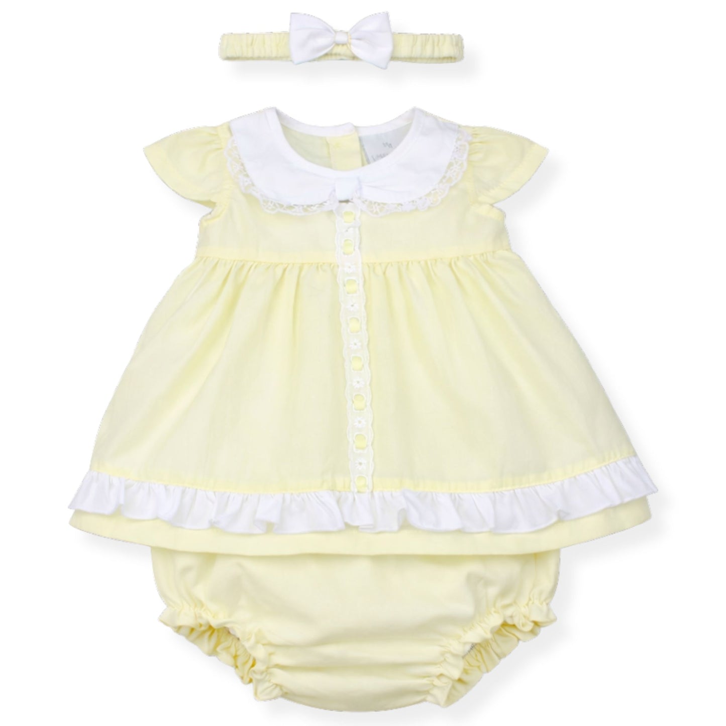 Yellow baby dress with white collar and matching headband on a white background