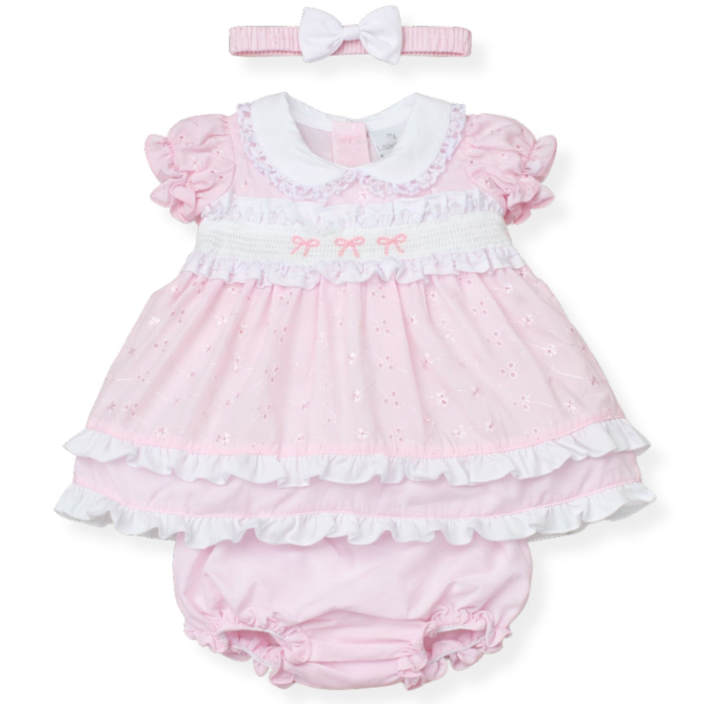 Baby Girl Pink Tiered Dress with Smocking, Bows & Headband