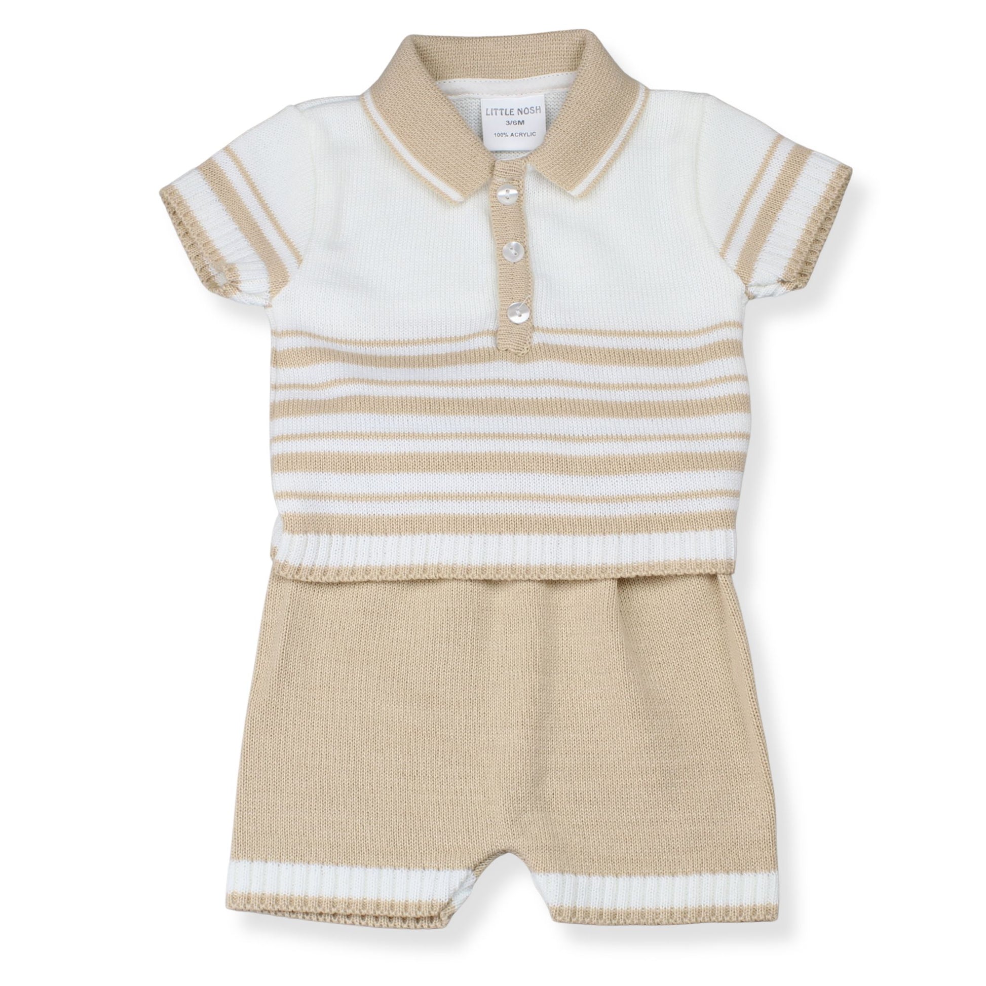 Children's beige and white striped polo shirt and shorts set on a white background