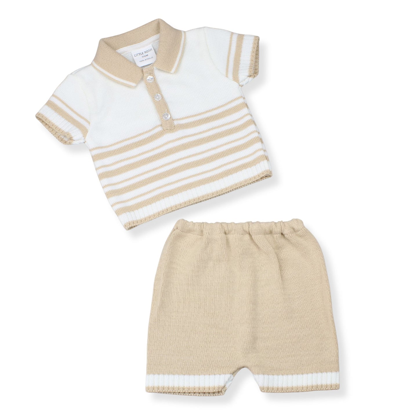 Little Nosh Baby Boys Beige Knitted Polo Shirt & Shorts Set