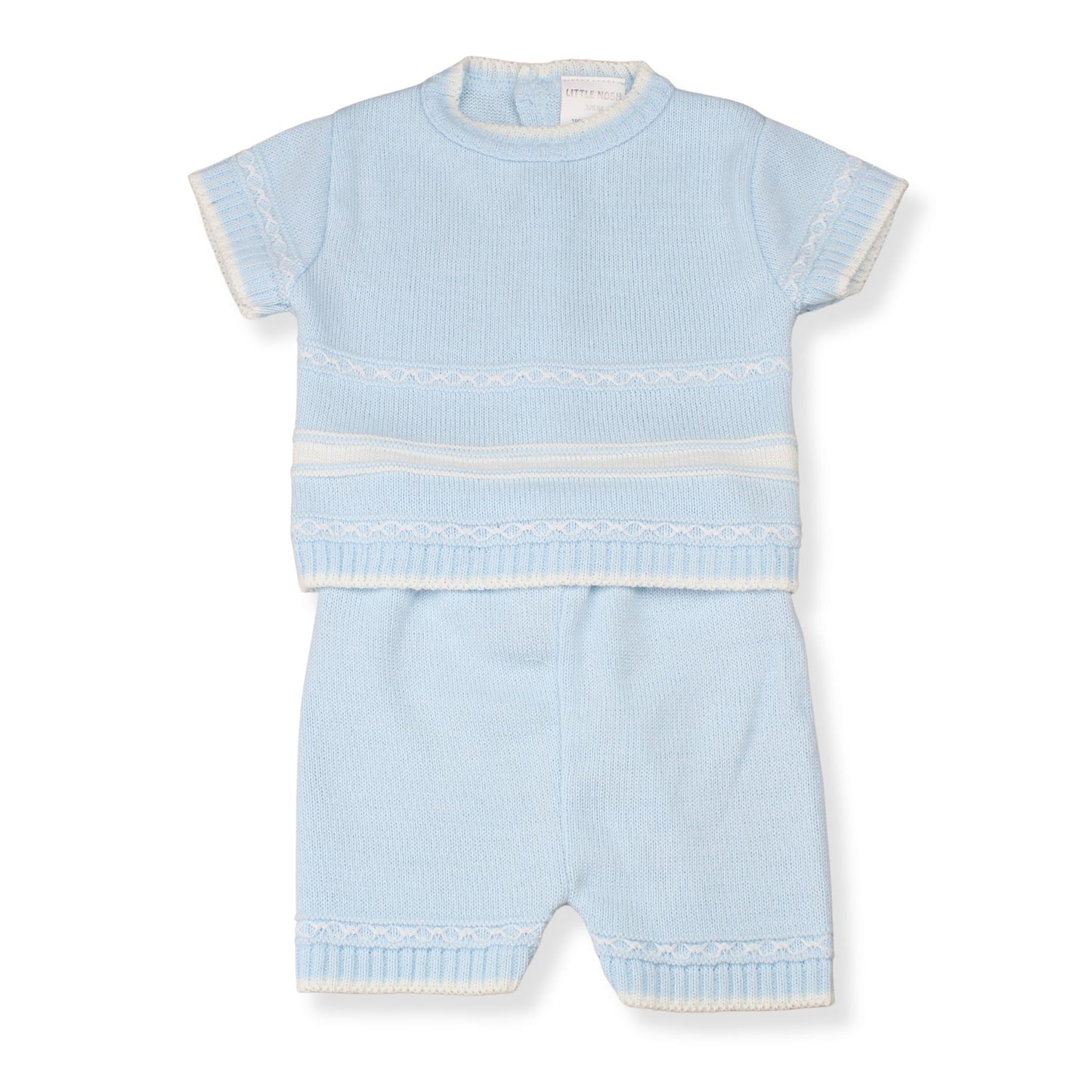 Light blue baby outfit with short sleeves and shorts on a white background