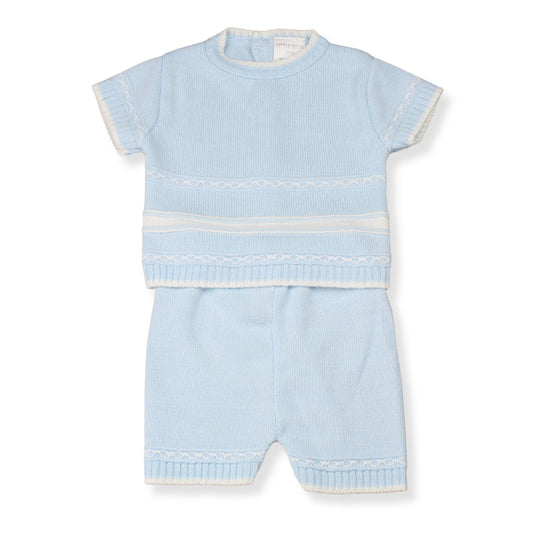 Light blue baby outfit with short sleeves and shorts on a white background