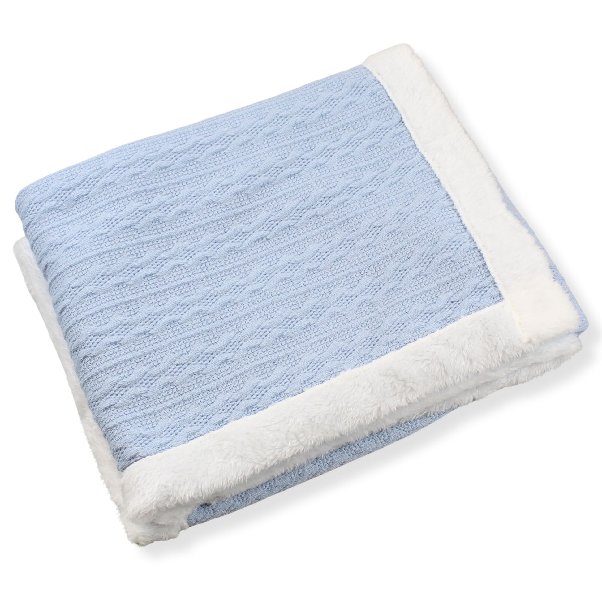 Blue textured blanket with white border on a white background
