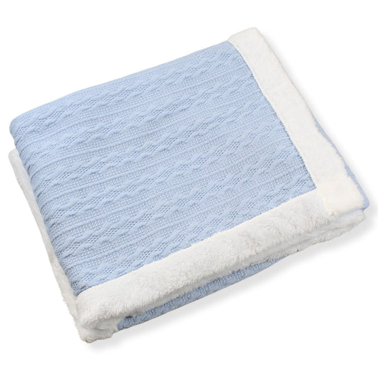 Blue textured blanket with white border on a white background