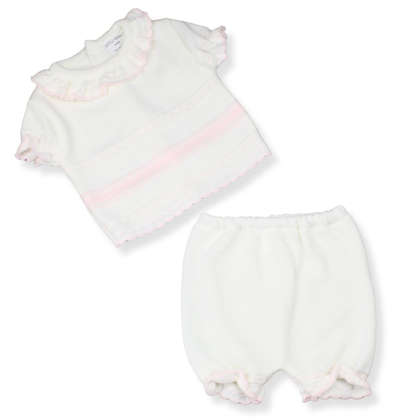 Little Nosh Baby Girls White & Pink Knitted Top & Bloomers Set