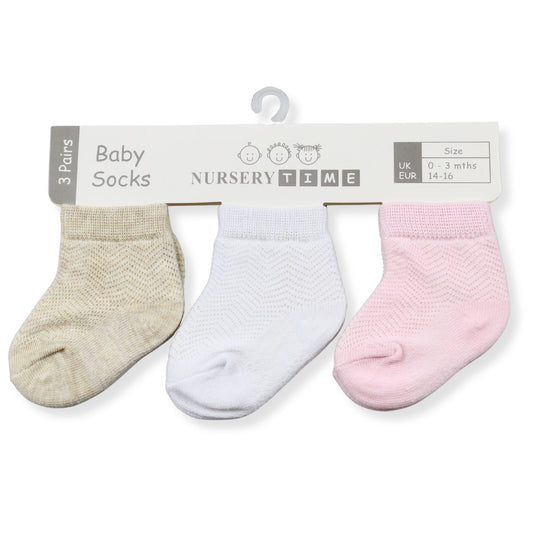 3 Pack Baby Girls Ankle Socks – White, Beige & Pink – Nursery Time