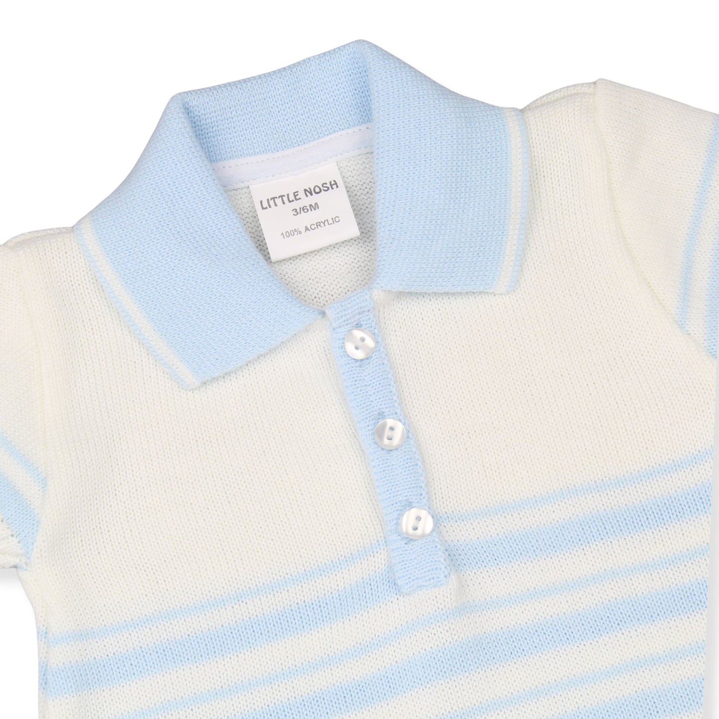 Little Nosh Baby Boys Blue & White Knitted Polo Romper