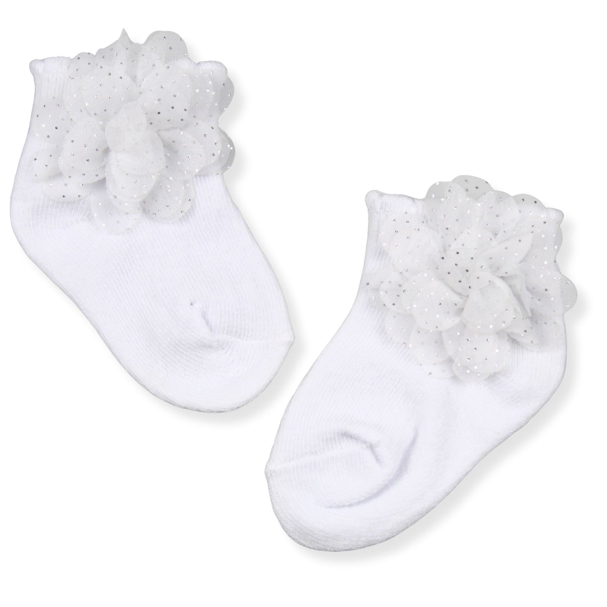 White baby socks with ruffles on a white background