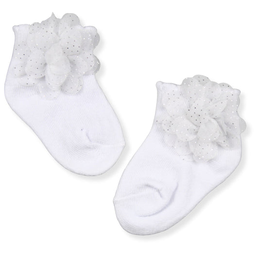 Baby Girls White Ankle Socks with Lace Flower & Silver Sparkle – Nursery Time